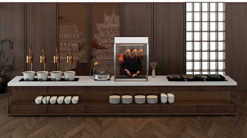 Hotel buffet counter with chafing dishes and plate stack