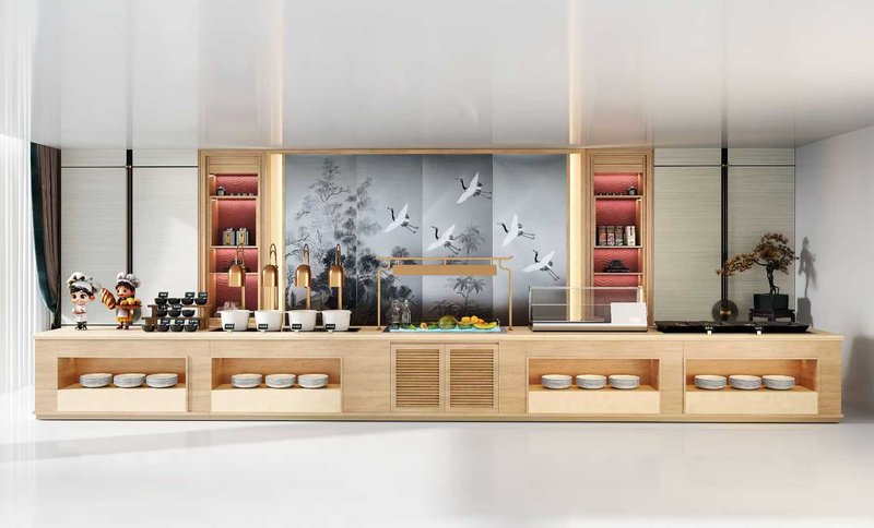 Buffet line with chafing dishes and a service counter