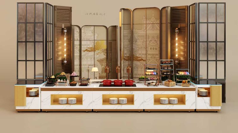 Buffet counter with glass food pans and warming equipment