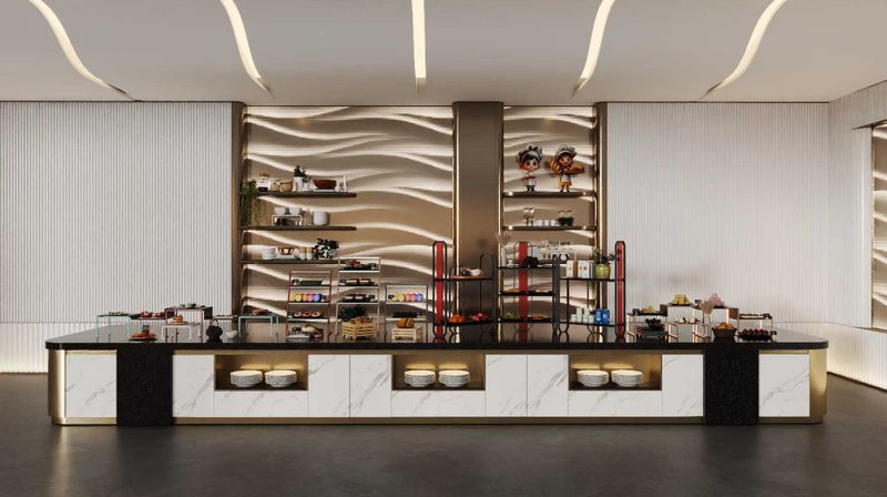 Hotel buffet line layout with shelves and warming stations