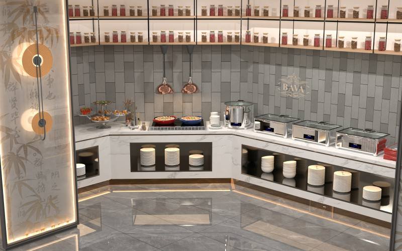 Buffet service line with warming trays and a plate stack
