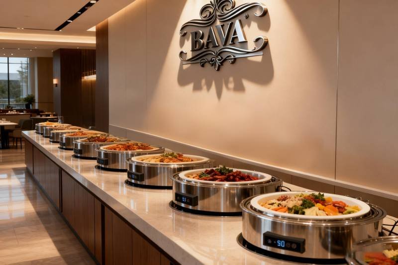 Buffet line with warming equipment and stacked plates