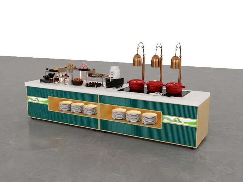 Buffet setup with tiered dessert stands and heat lamps at an event