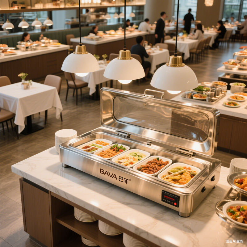 Buffet counter with chafing dishes and plate storage