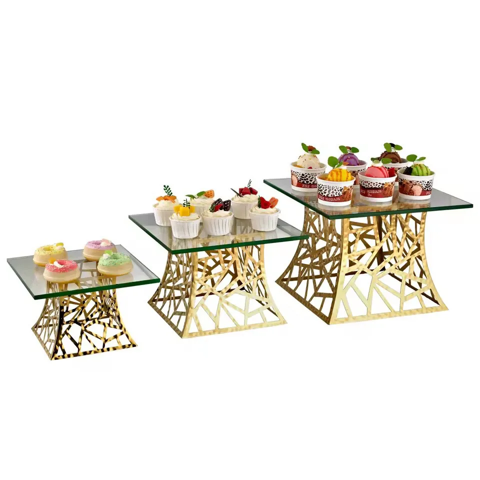 Gold Geometric Buffet Riser Set | Glass Top Dessert Stand