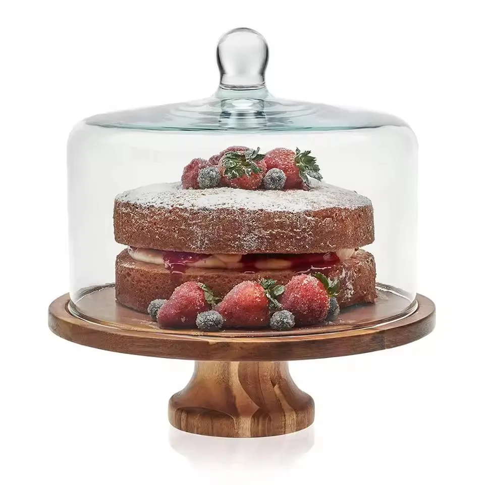 Wooden Pedestal Cake Stand with Glass Lid | Dessert Display