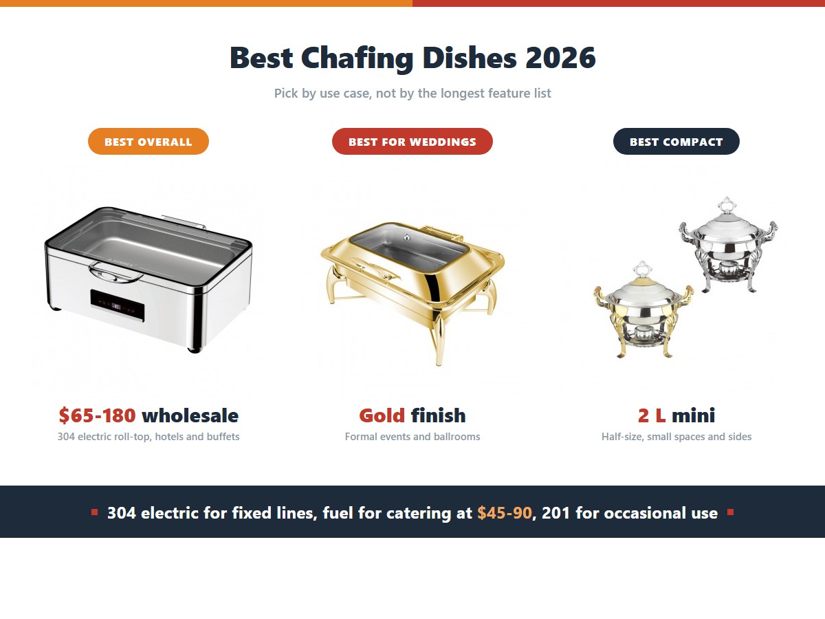 Three chafing dish picks for 2026: a full size 11 litre 304 stainless electric chafing dish as best overall for hotels, a gold plated alcohol fuel chafing dish as best for weddings and formal events, and a small 2 litre mini buffet chafer as best compact option
