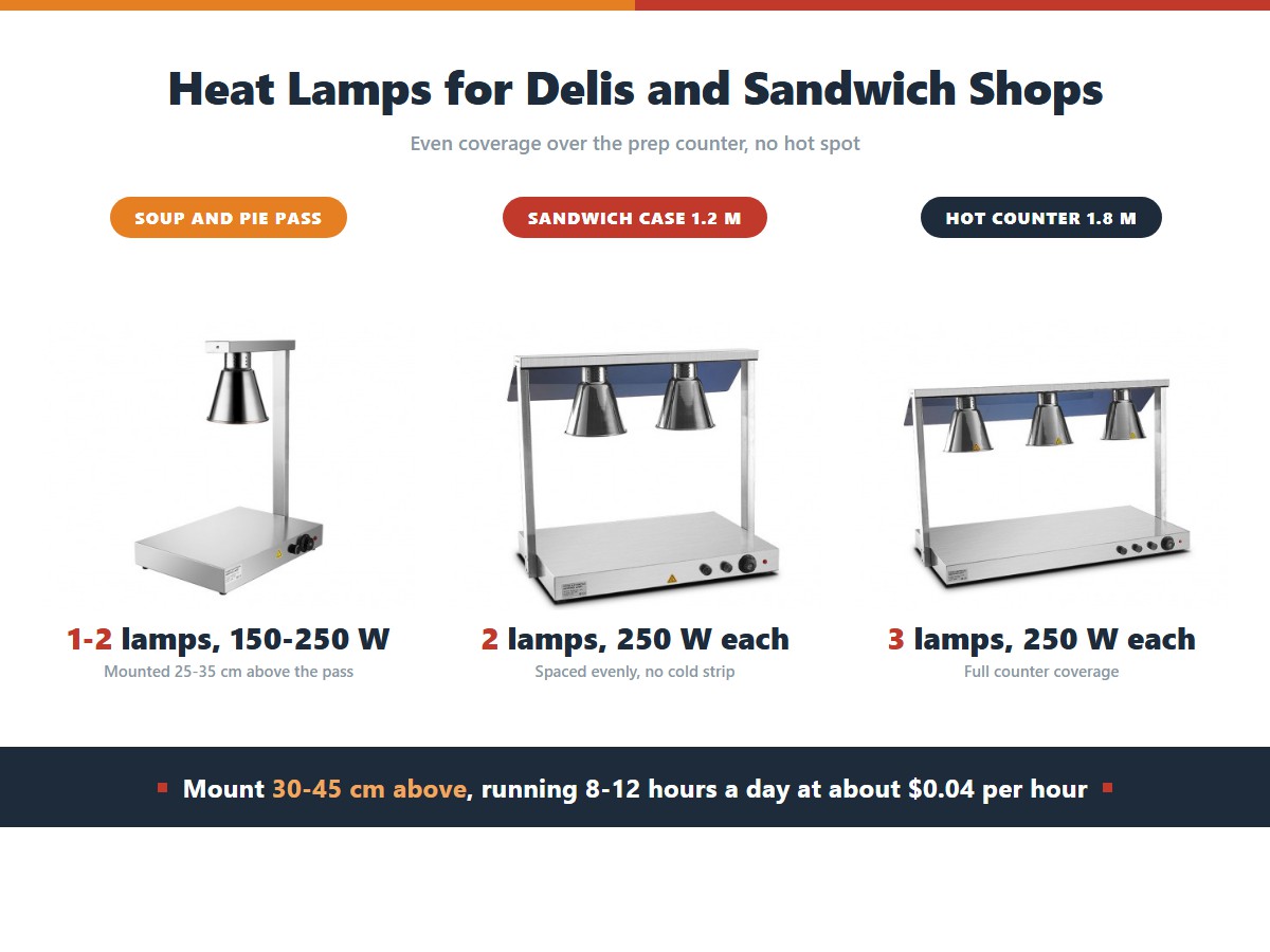Single, double and triple head stainless steel food heat lamp stations sized for deli counters, showing one to two 150 or 250 watt lamps over a soup and pie pass, two 250 watt lamps across a 1.2 metre sandwich case and three lamps over a 1.8 metre hot counter