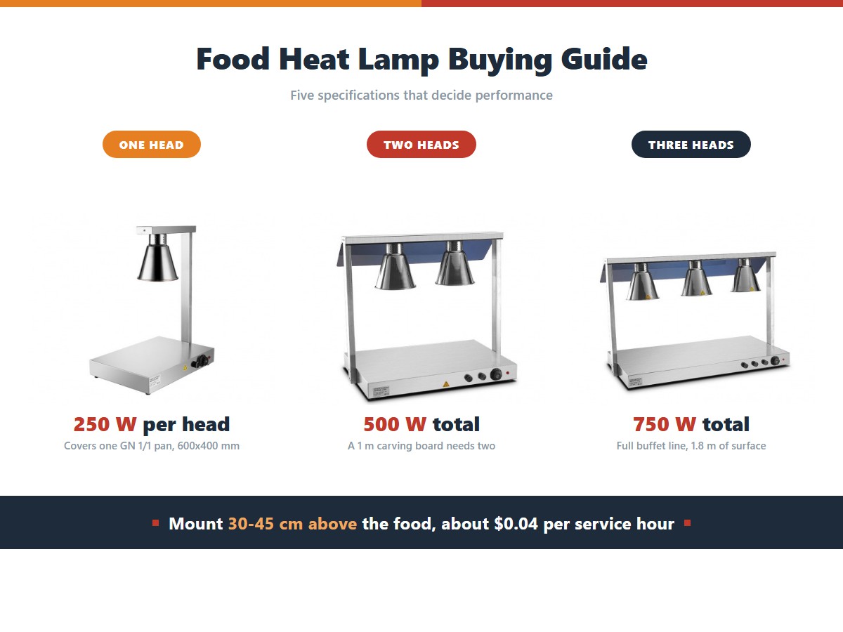 Single, double and triple head stainless steel food heat lamp stations showing how one 250 watt head covers a 600 by 400 millimetre pan, two heads cover a one metre carving board, and three heads cover a full buffet line