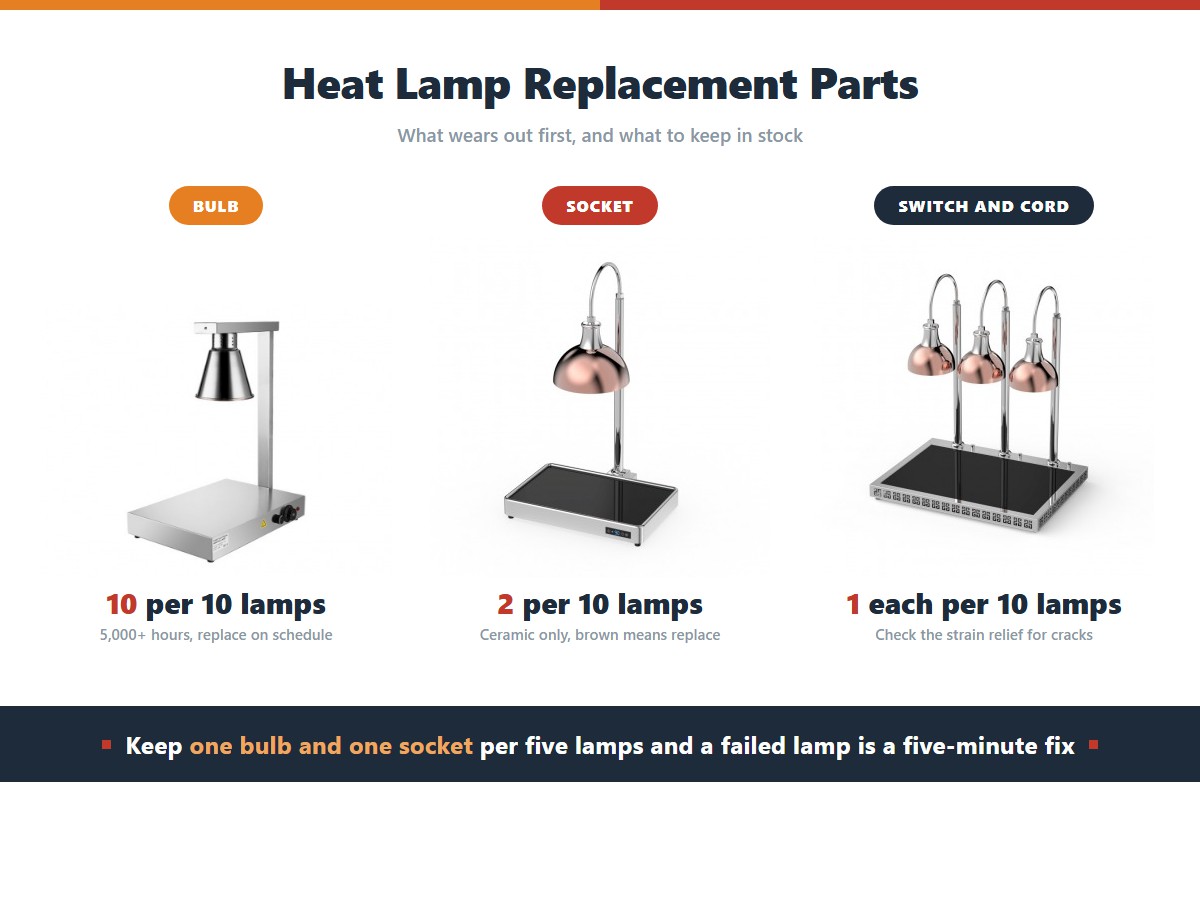 Replacement parts for food heat lamps: a stainless steel heat lamp station, a rose gold single head lamp and a rose gold triple head lamp, showing the bulb, ceramic socket and inline switch and cord that fail first on each unit