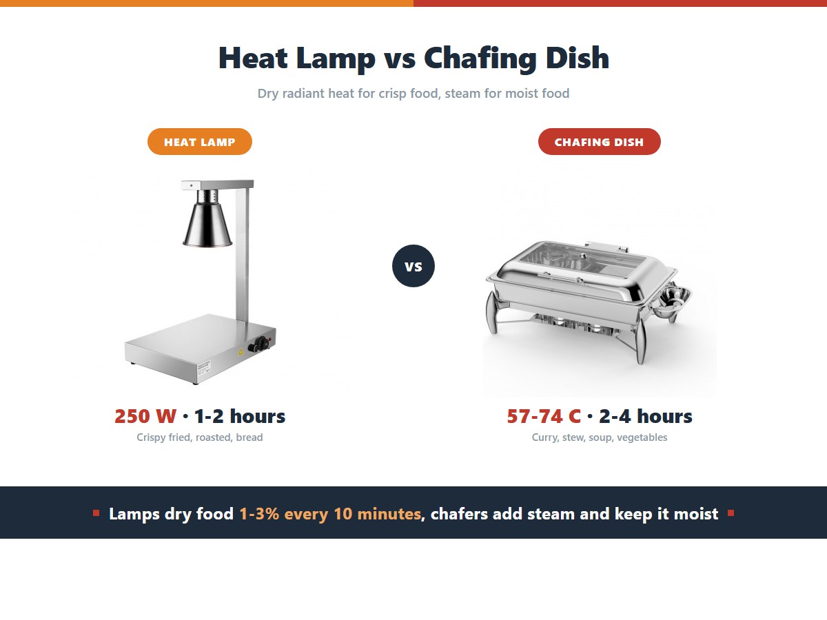 A single-head stainless steel overhead heat lamp station next to a fuel chafing dish, comparing 250 watt radiant holding for one to two hours against steam holding at 57 to 74 degrees for two to four hours