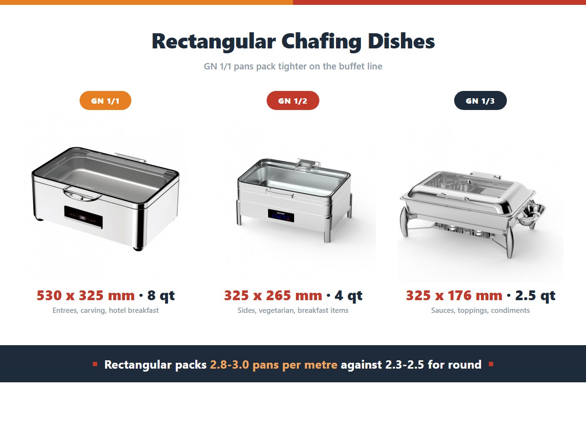 Three rectangular chafing dish sizes matched to gastronorm pan sizes: a full size 11 litre unit taking a GN 1/1 pan of 530 by 325 millimetres for entrees, a 9 litre unit for GN 1/2 pans of 325 by 265 millimetres for sides, and a small 2 litre unit for GN 1/3 pans of 325 by 176 millimetres for sauces