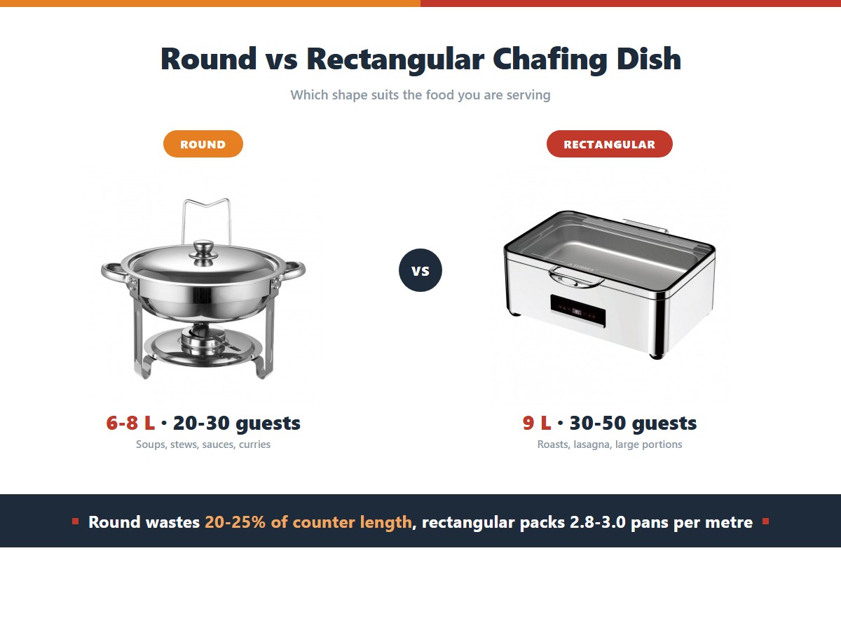 A round gold-lidded chafing dish next to a full-size rectangular stainless electric chafing dish, comparing 6 to 8 litre round capacity serving 20 to 30 guests against 9 litre rectangular capacity serving 30 to 50 guests