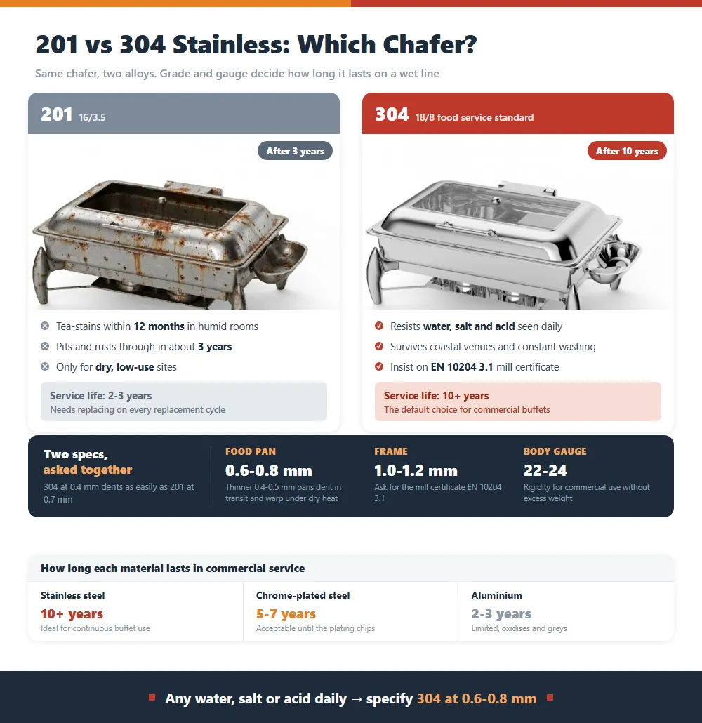 Comparison of 201 and 304 stainless steel for chafing dishes: 201 is 16/3.5 and tea-stains within 12 months with a 2 to 3 year service life, while 304 is the 18/8 food service standard that resists water, salt and acid for 10 years or more, with a food pan of 0.6 to 0.8 mm, a frame of 1.0 to 1.2 mm and a 22 to 24 body gauge