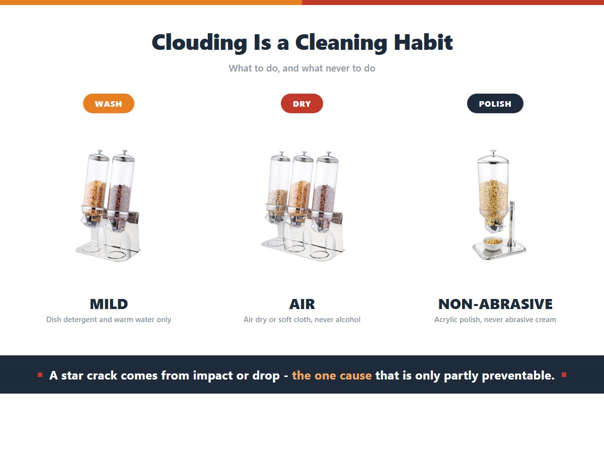 Three acrylic dispenser cleaning habits: washing with mild dish detergent and warm water, drying with air or a soft cloth rather than alcohol wipes, and polishing marks with non-abrasive acrylic polish rather than abrasive cream