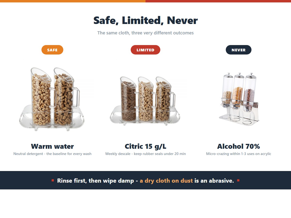 Three cleaning agent categories for acrylic cereal dispenser tubes: safe agents like warm water and neutral detergent as the baseline for every wash, limited agents like citric acid at 15 g per litre for weekly descaling with rubber seal contact kept under 20 minutes, and never agents like 70 percent isopropyl alcohol that cause micro-crazing within one to three uses