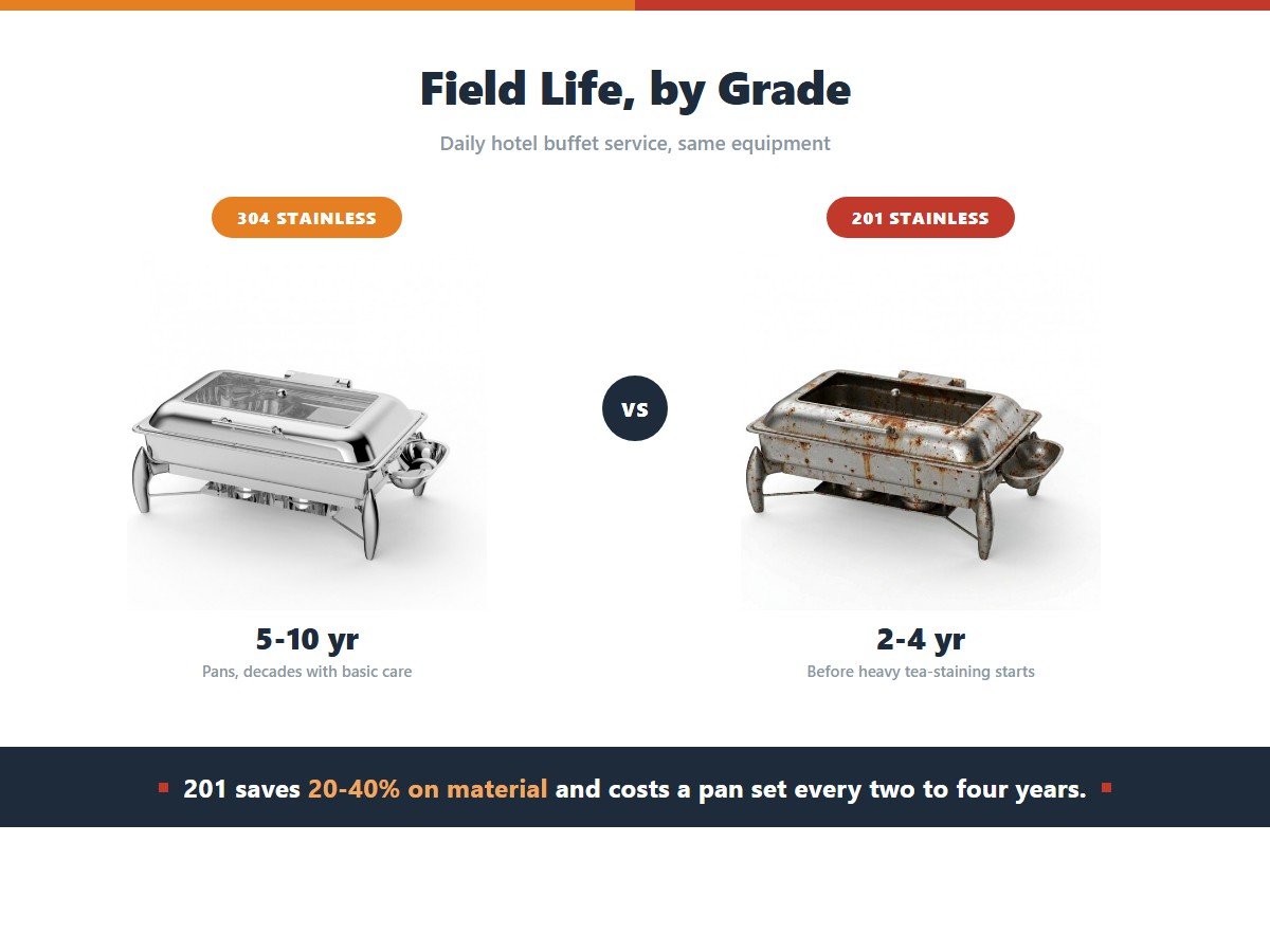 Two stainless steel grades compared on field life in daily hotel buffet service: a clean 304 unit lasting 5-10 years for pans with decades possible under basic care, and a rusted thin-gauge 201 unit lasting only 2-4 years before heavy tea-staining