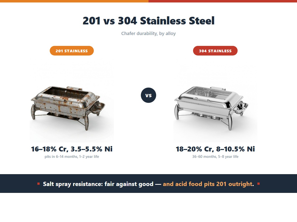 The same chafing dish in two stainless alloys: the 201 grade carries 16 to 18 percent chromium and 3.5 to 5.5 percent nickel, pits in six to fourteen months and lasts one to two years, while the 304 grade carries 18 to 20 percent chromium and 8 to 10.5 percent nickel, resists pitting for 36 to 60 months and lasts five to eight years