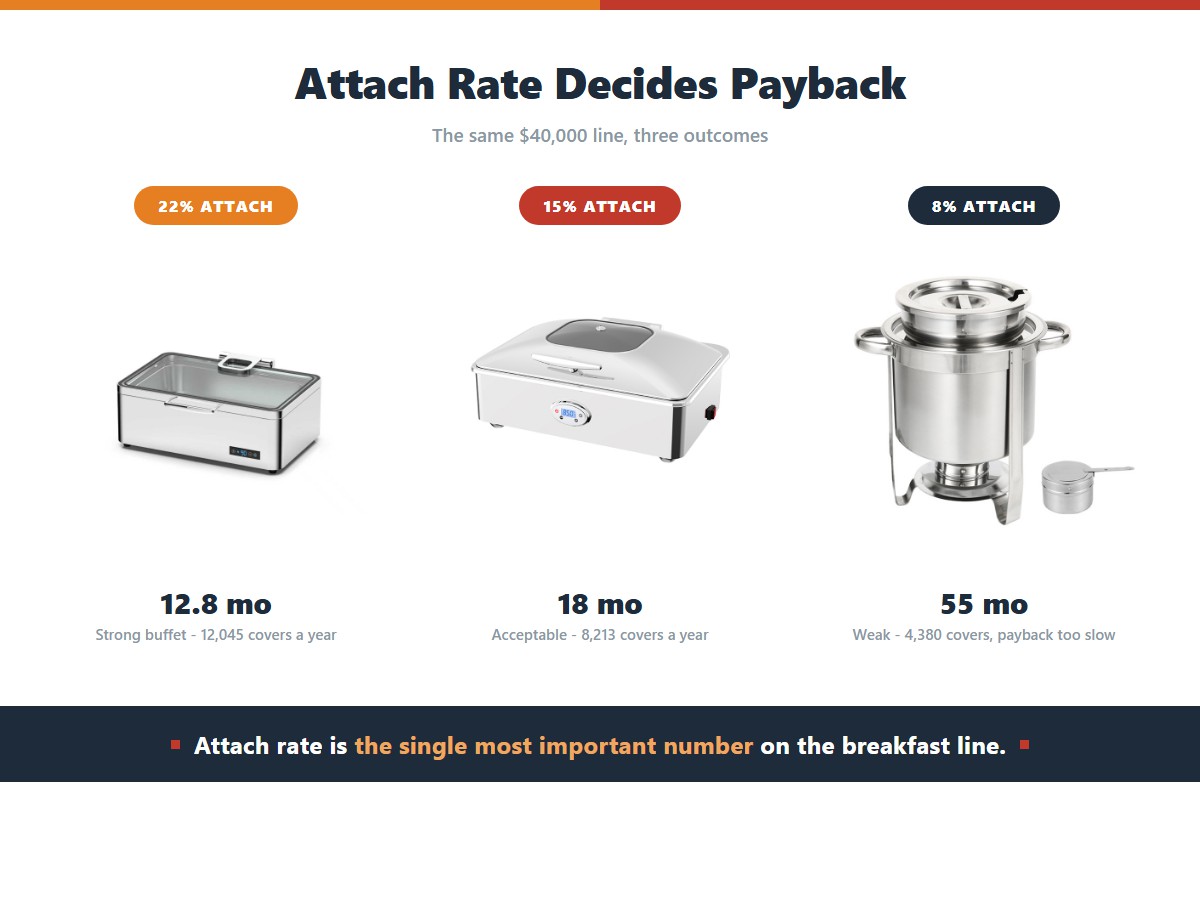 Payback on a $40,000 hotel breakfast buffet line at three attach rates: 22 percent attach giving 12,045 covers a year and a 12.8-month payback, 15 percent attach giving 8,213 covers and 18 months, and 8 percent attach giving only 4,380 covers and a 55-month payback