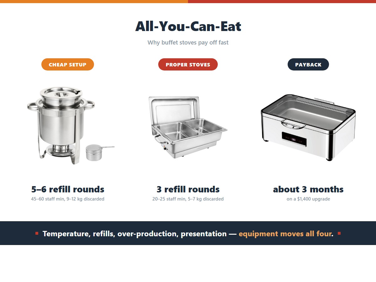 Comparing a cheap buffet setup with proper buffet stoves in an all-you-can-eat room: the cheap setup needs five to six refill rounds, 45 to 60 staff minutes and discards 9 to 12 kilograms of food per service at 1,250 dollars a month, while proper stoves need three rounds, 20 to 25 staff minutes and discard 5 to 7 kilograms at 760 dollars a month, paying back a 1,400 dollar upgrade in about three months