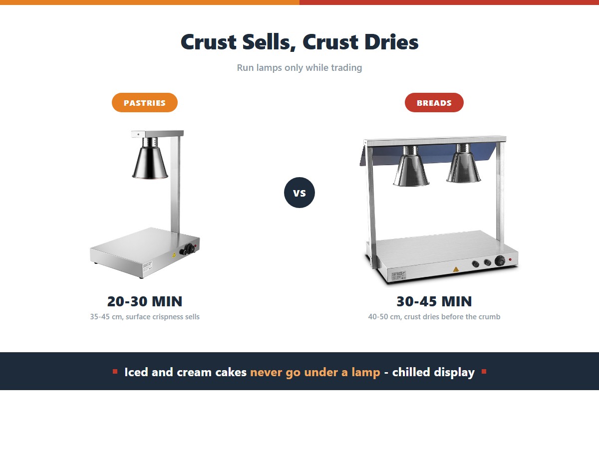 Food heat lamps for bakeries: pastries hold comfortably 20 to 30 minutes at 35 to 45 centimetres, breads 30 to 45 minutes at 40 to 50 centimetres, and iced or cream cakes should never sit under a lamp but in a chilled display