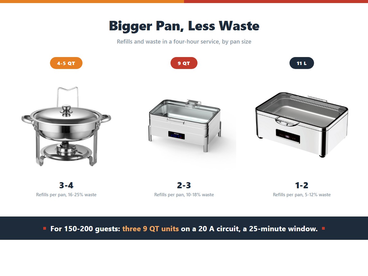 Three chafing dish pan sizes compared on refills and waste over four hours: a 4.5-litre round pan needing 3-4 refills with 16-25 percent waste, a 9-litre digital unit needing 2-3 refills with 10-18 percent, and an 11-litre full-size unit needing 1-2 refills with 5-12 percent