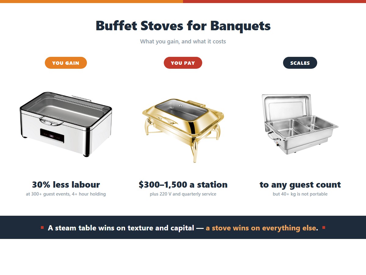 The pros and cons of buffet stoves for banquets: labour falls by 30 percent at events of 300 guests or more with four or more hours of holding, each station costs 300 to 1,500 dollars and needs a 220 volt supply plus quarterly professional service, and the modular design scales to any guest count though at 40 kilograms plus a unit is not portable