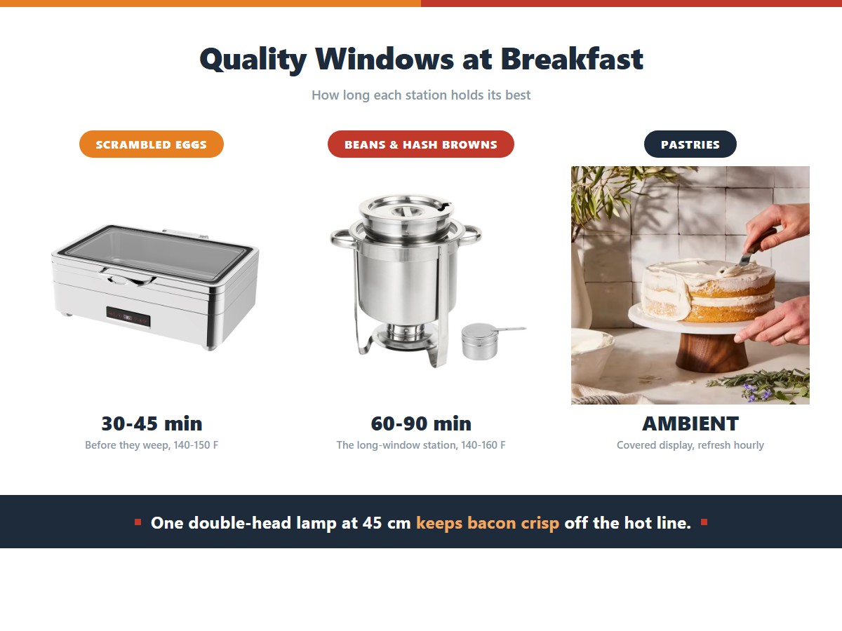 Three breakfast stations with quality windows: scrambled eggs at 140-150 F good for 30-45 minutes before weeping, baked beans and hash browns at 140-160 F lasting 60-90 minutes, and pastries served ambient from a covered display refreshed hourly
