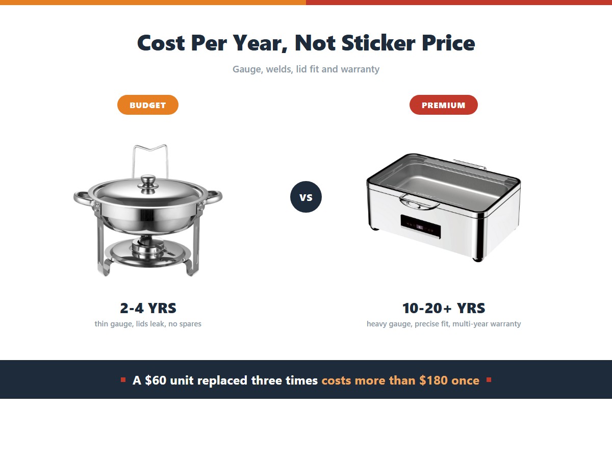 Budget versus premium chafing dishes: a 60 dollar unit lasts 2 to 4 years with thin gauge steel and leaking lids, while a 180 dollar premium unit lasts 10 to 20 plus years with heavy gauge steel, a precision lid fit and a multi-year warranty