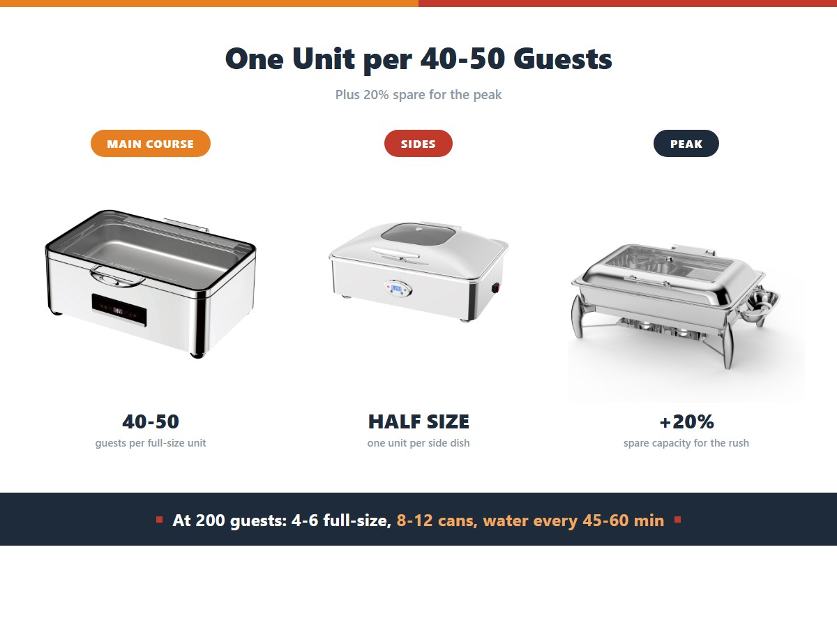 Sizing a high-volume buffet line: one full-size chafing dish per 40 to 50 guests for the main course, half-size units for sides, and 20 percent spare capacity for peak, so 200 guests need four to six full-size units, 8 to 12 fuel cans and a water top-up every 45 to 60 minutes