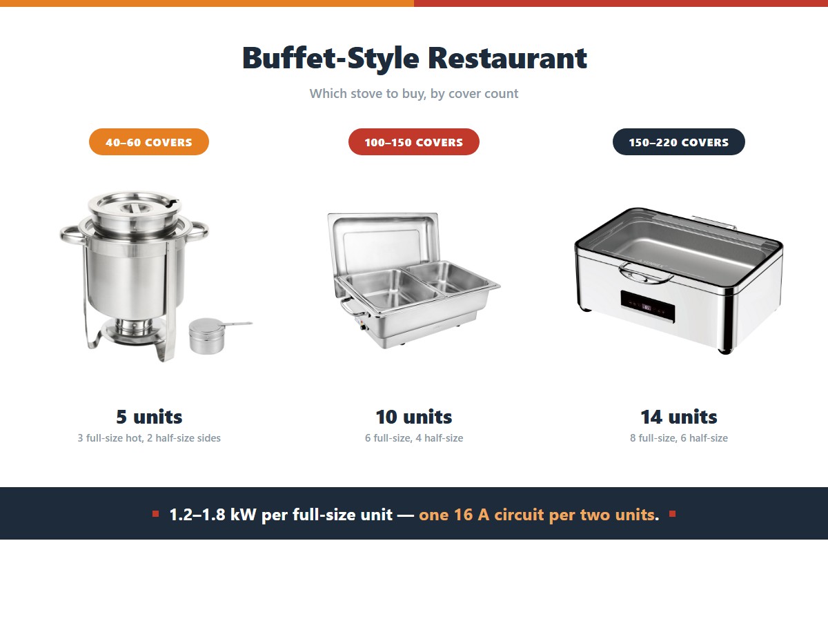 How many buffet stove units a buffet-style restaurant needs by covers in the busiest thirty minutes: 40 to 60 covers need five units made of three full-size hot pans and two half-size side pans, 100 to 150 covers need ten units with six full-size and four half-size, and 150 to 220 covers need fourteen units with eight full-size and six half-size, at 1.2 to 1.8 kilowatts per full-size unit and one 16 amp circuit per two units
