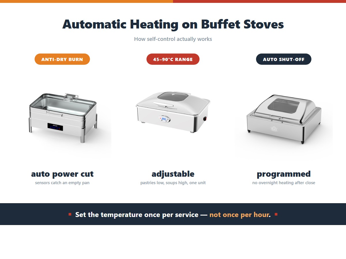 The self-control features that matter on an automatic buffet stove: anti-dry-burn protection that cuts power when sensors detect an empty pan, an adjustable 45 to 90 degree Celsius range that covers pastries and soups on one unit, and programmed automatic shut-off so a closed station cannot heat overnight