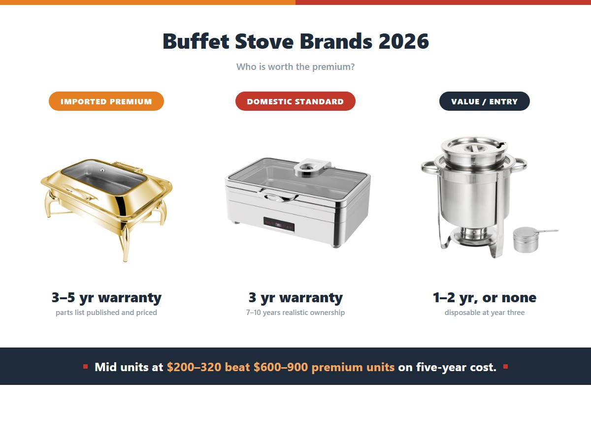 Judging buffet stove brands on published facts instead of reputation: imported premium units carry a three to five year element warranty with a priced parts list and 8 to 12 years of realistic ownership, domestic standard units carry three years and 7 to 10 years, while value and entry tiers offer one to two years or none and become disposable at year three