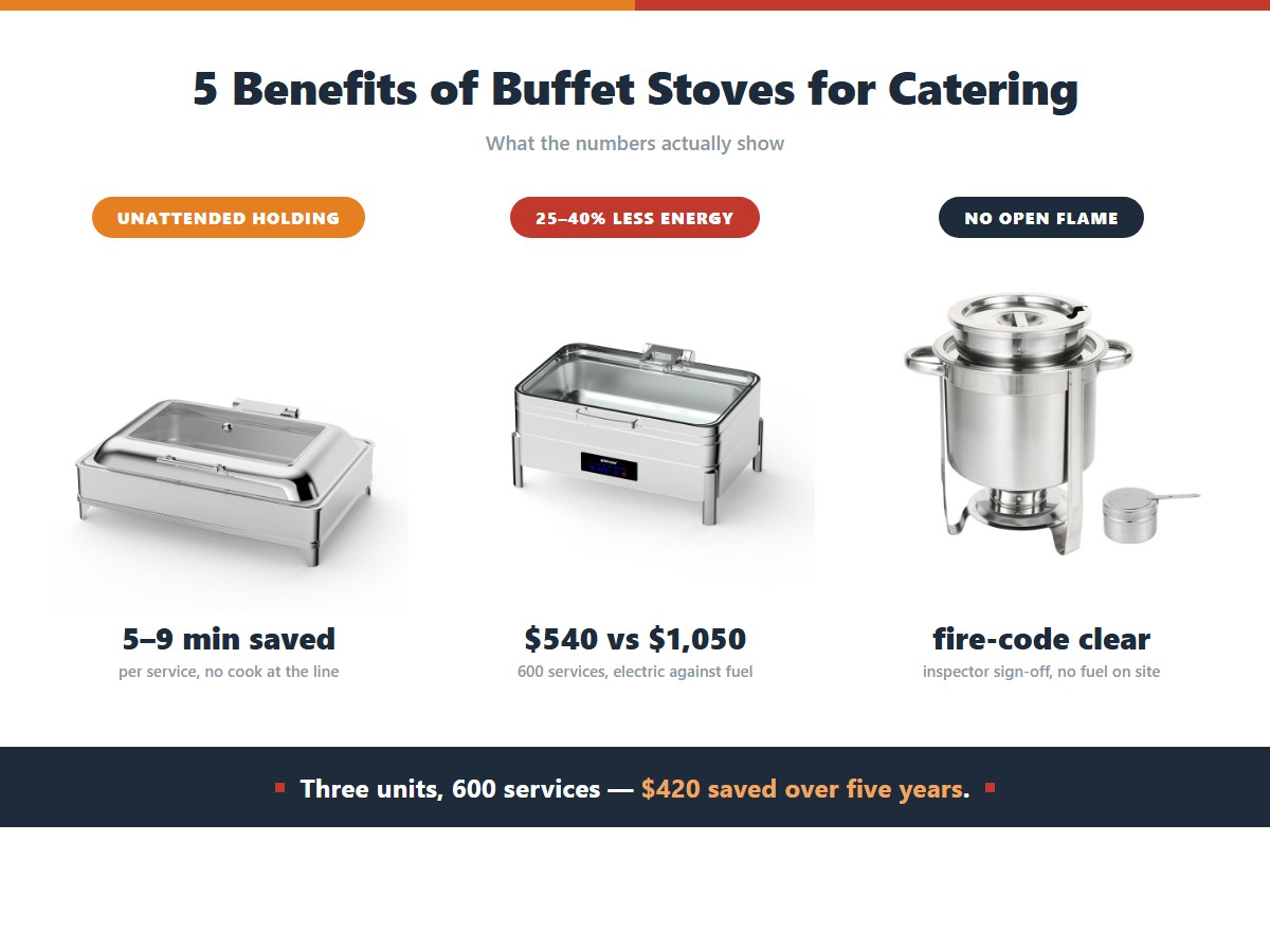 The five benefits of buffet stoves for catering businesses, measured: unattended holding saves 5 to 9 minutes per service, electric units use 25 to 40 percent less energy than fuel at 540 dollars against 1,050 dollars over 600 services, and removing the open flame clears the venue fire-code issue with no fuel stored on site