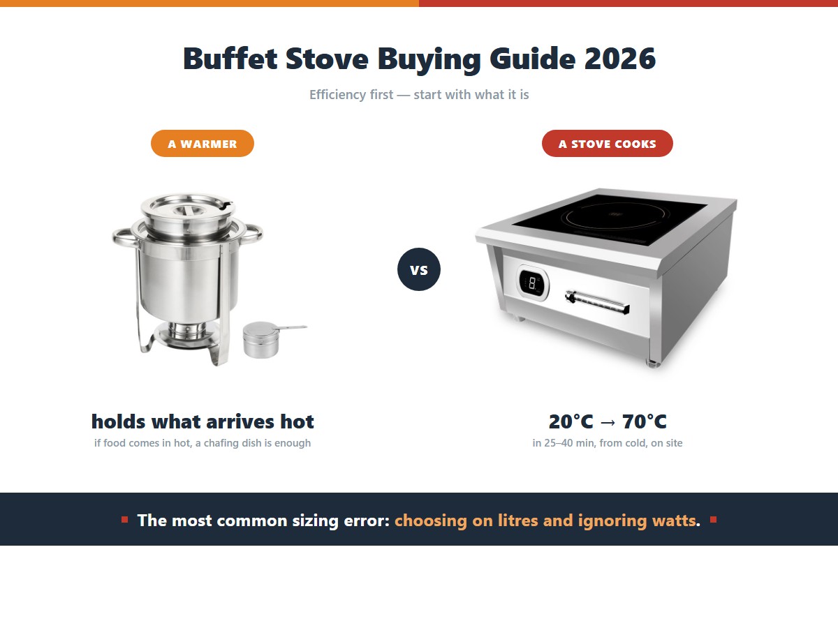 The difference between a buffet warmer and a buffet stove: a soup warmer only holds food that already arrives hot, while a stove cooker takes food from 20 to 70 degrees Celsius in 25 to 40 minutes from cold on site, which is why choosing on litres while ignoring watts is the most common sizing error