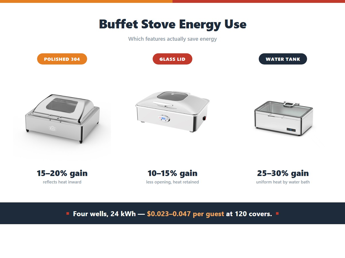 Which buffet stove features actually save energy: polished stainless steel construction that reflects heat inward for a 15 to 20 percent gain, tempered glass lids with viewing windows that reduce lid opening for 10 to 15 percent, and an integrated water tank that distributes heat evenly for 25 to 30 percent, while four wells running 24 kWh cost only 2.3 to 4.7 cents per guest at 120 covers