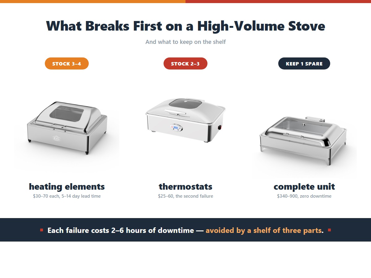 What to stock for a high-volume buffet stove: three to four heating elements at 30 to 70 dollars each with a five to fourteen day lead time, two to three thermostats at 25 to 60 dollars, and one complete spare unit at 340 to 900 dollars, because each element or thermostat failure costs two to six hours of downtime