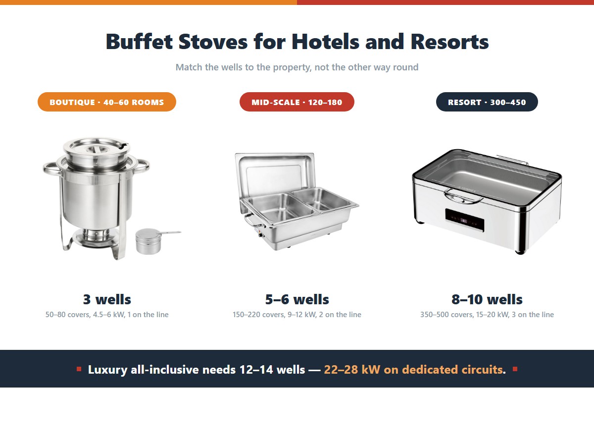 Sizing a hotel buffet line by property size: a boutique hotel of 40 to 60 rooms needs three wells for 50 to 80 covers on 4.5 to 6 kilowatts with one person on the line, a mid-scale hotel of 120 to 180 rooms needs five to six wells for 150 to 220 covers on 9 to 12 kilowatts, and a full-service resort of 300 to 450 rooms needs eight to ten wells for 350 to 500 covers on 15 to 20 kilowatts