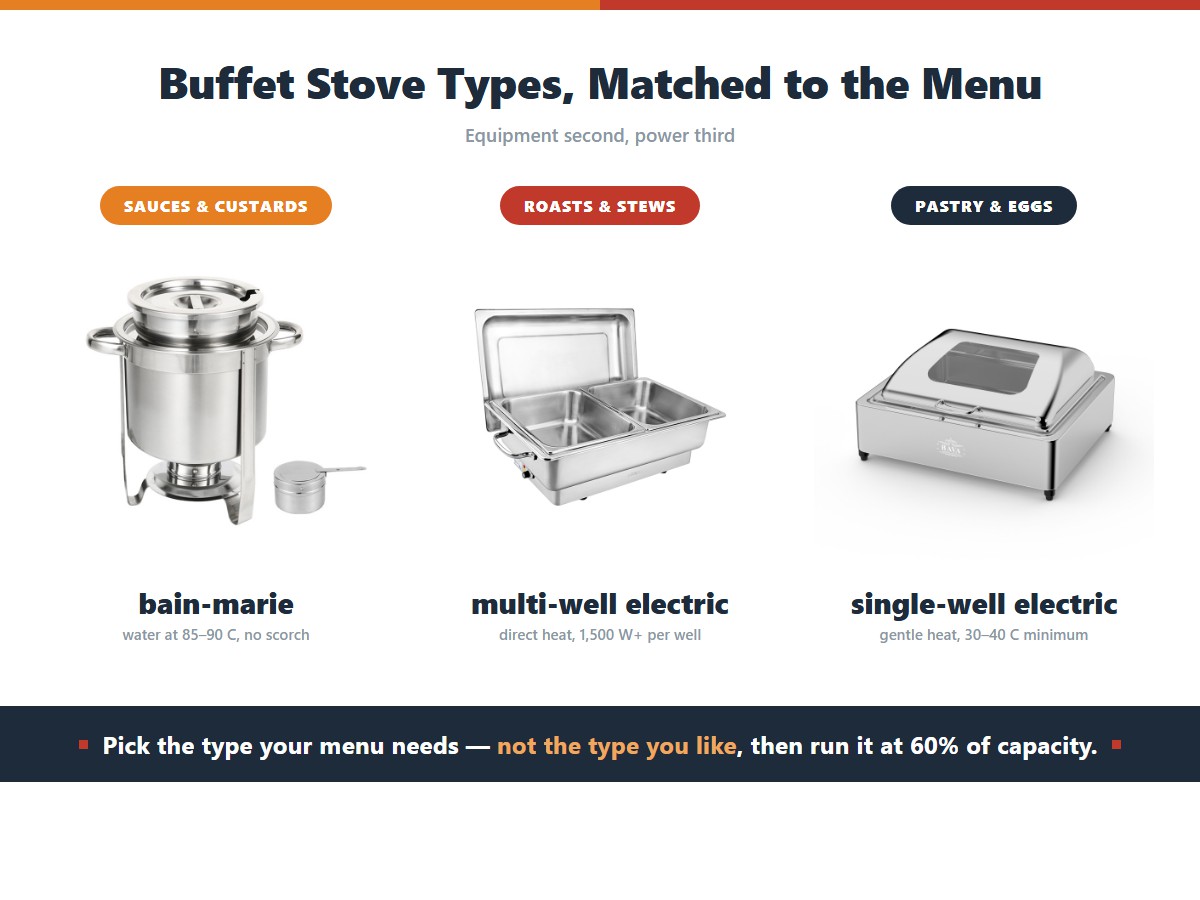 Matching buffet stove type to the menu: sauces, gravies and custards need a bain-marie where water at 85 to 90 degrees Celsius never scorches, roasts, stews and curries need a multi-well electric unit with direct heat and 1,500 watts or more per well, and breakfast pastry and eggs need a single-well electric unit on gentle heat with a minimum setpoint of 30 to 40 degrees