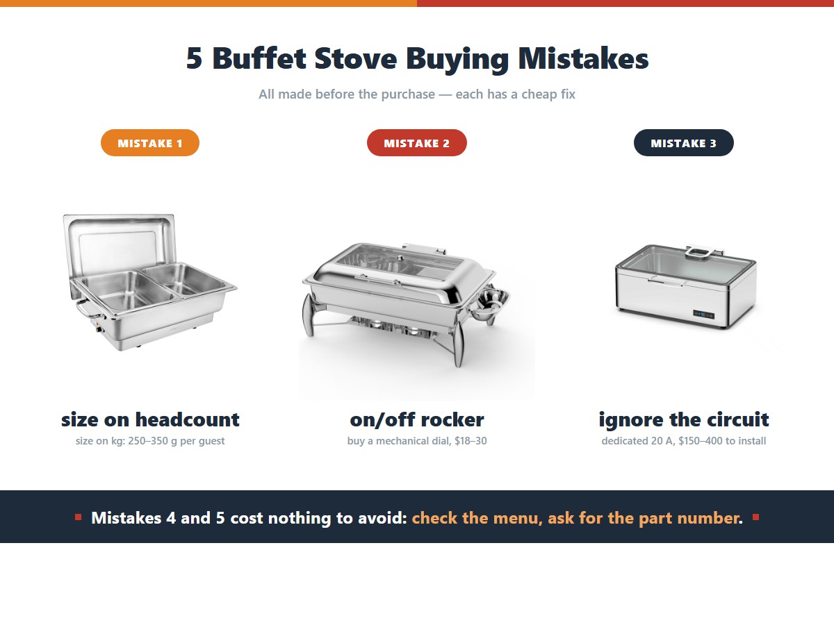 The three most expensive buffet stove buying mistakes: sizing wells on headcount instead of 250 to 350 grams of food per guest, buying an on-off rocker instead of a mechanical dial thermostat for 18 to 30 dollars, and ignoring the power circuit until a breaker trips mid-service, which needs a dedicated 20 amp circuit costing 150 to 400 dollars to install