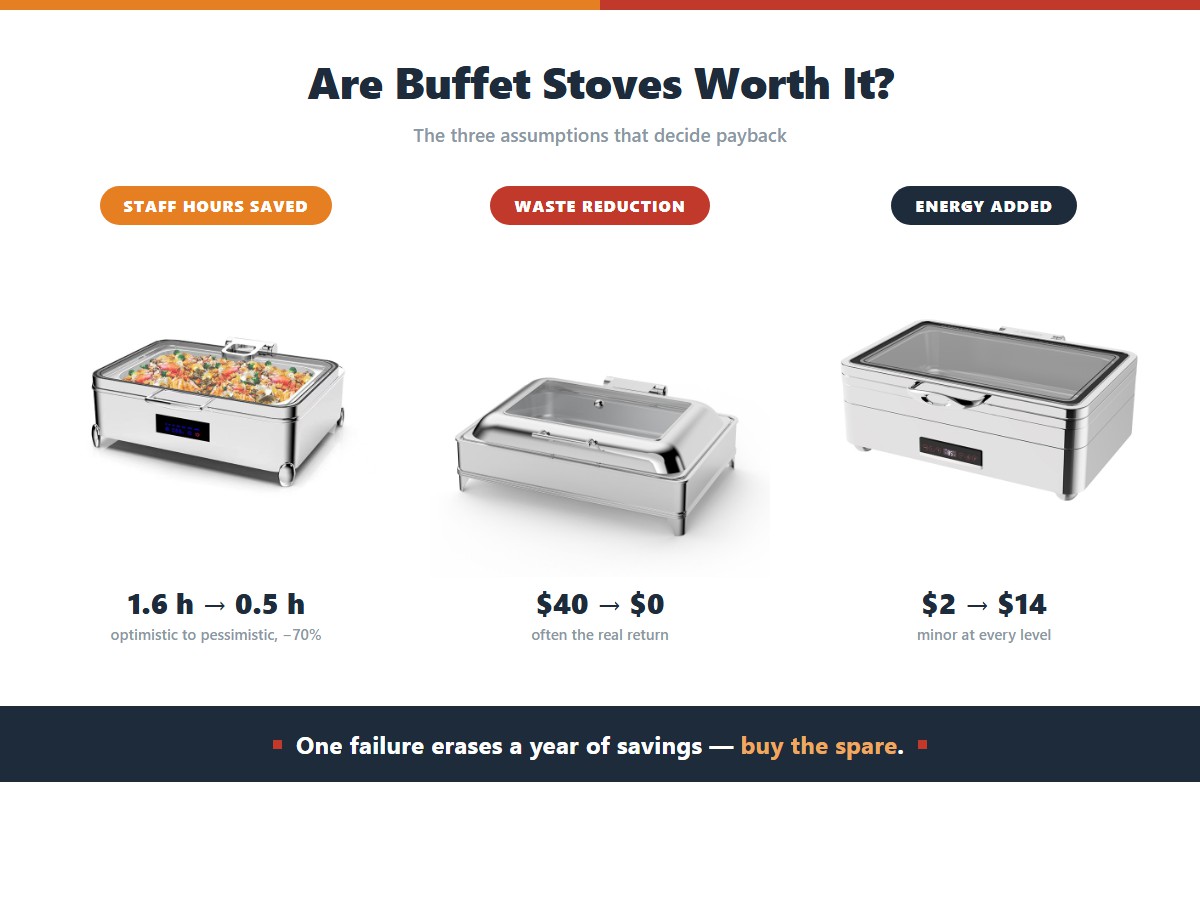 The assumptions that decide whether a buffet stove pays back: staff hours saved per event ranging from 1.6 hours optimistically down to 0.5 hours pessimistically, waste reduction per event ranging from 40 dollars down to zero which is often the real return, and added energy cost ranging from 2 to 14 dollars which stays minor at every level