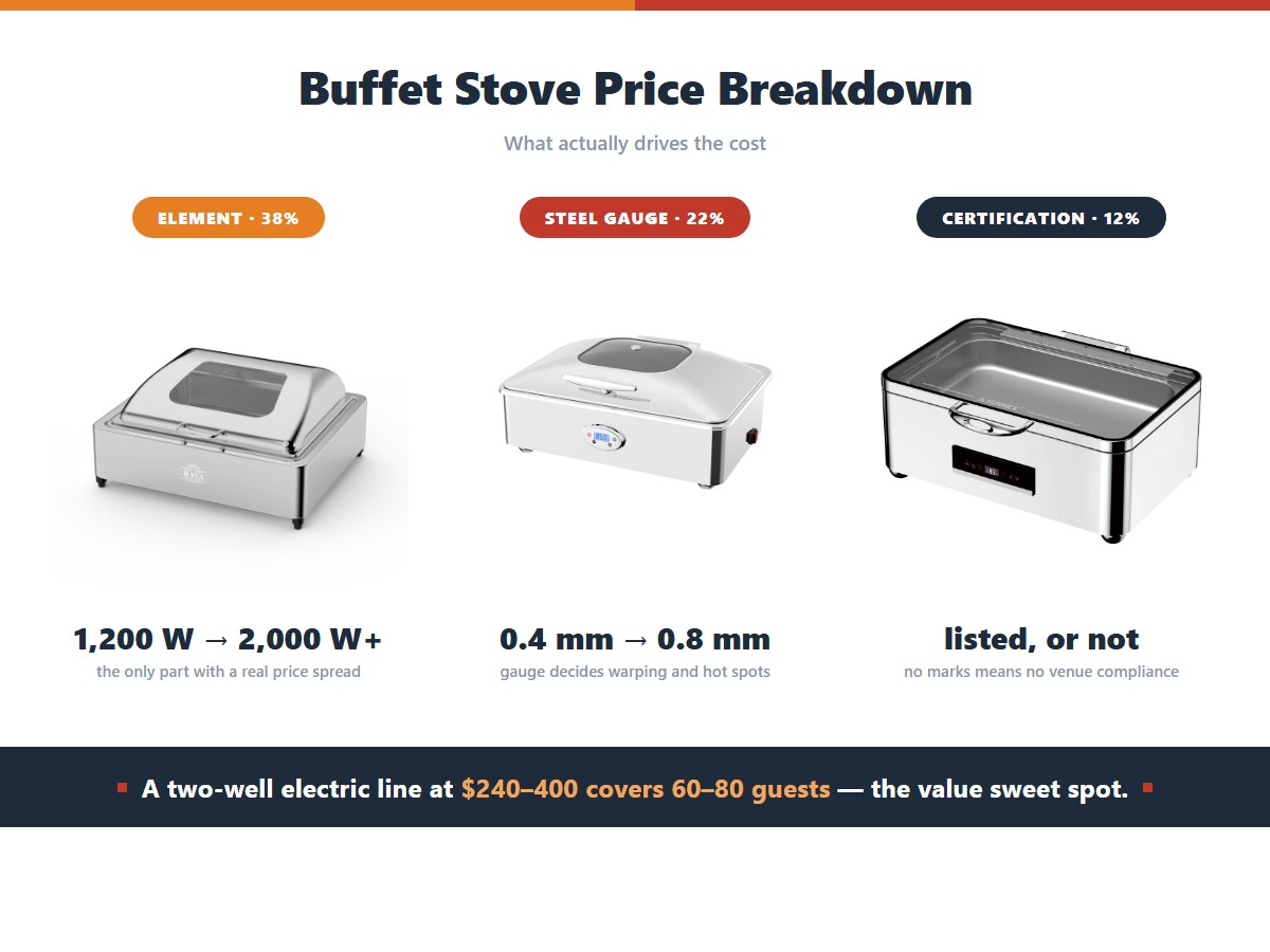 What drives buffet stove prices from 70 to 900 dollars: the heating element at 38 percent of cost with wattage from 1,200 to over 2,000 watts, stainless steel gauge at 22 percent from 0.4 to 0.8 millimetres which decides warping and hot spots, and certification at 12 percent, because without certification marks a unit fails venue compliance