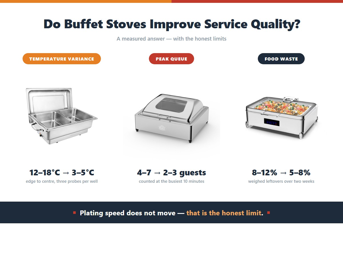 What a buffet stove measurably improves: edge-to-centre temperature variance falls from 12 to 18 degrees down to 3 to 5 degrees, peak queue per station halves from four to seven guests down to two or three, and food waste drops from 8 to 12 percent to 5 to 8 percent, while plating speed stays unchanged