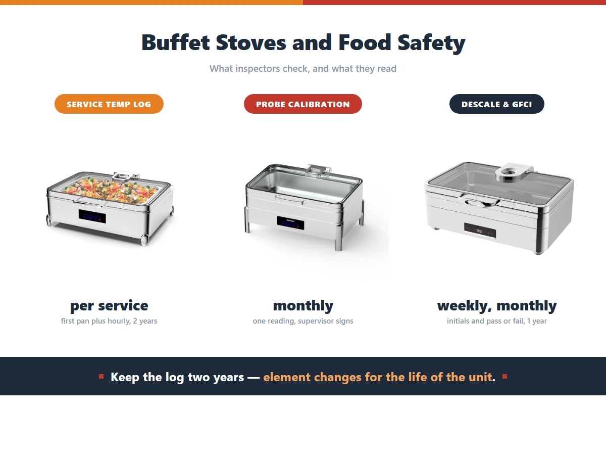 The records a food-safety inspector expects on a buffet stove: a service temperature log kept per service with the first pan and hourly readings retained two years, a monthly probe calibration reading signed by a supervisor, and weekly descale plus monthly GFCI test records with initials and pass or fail kept one year