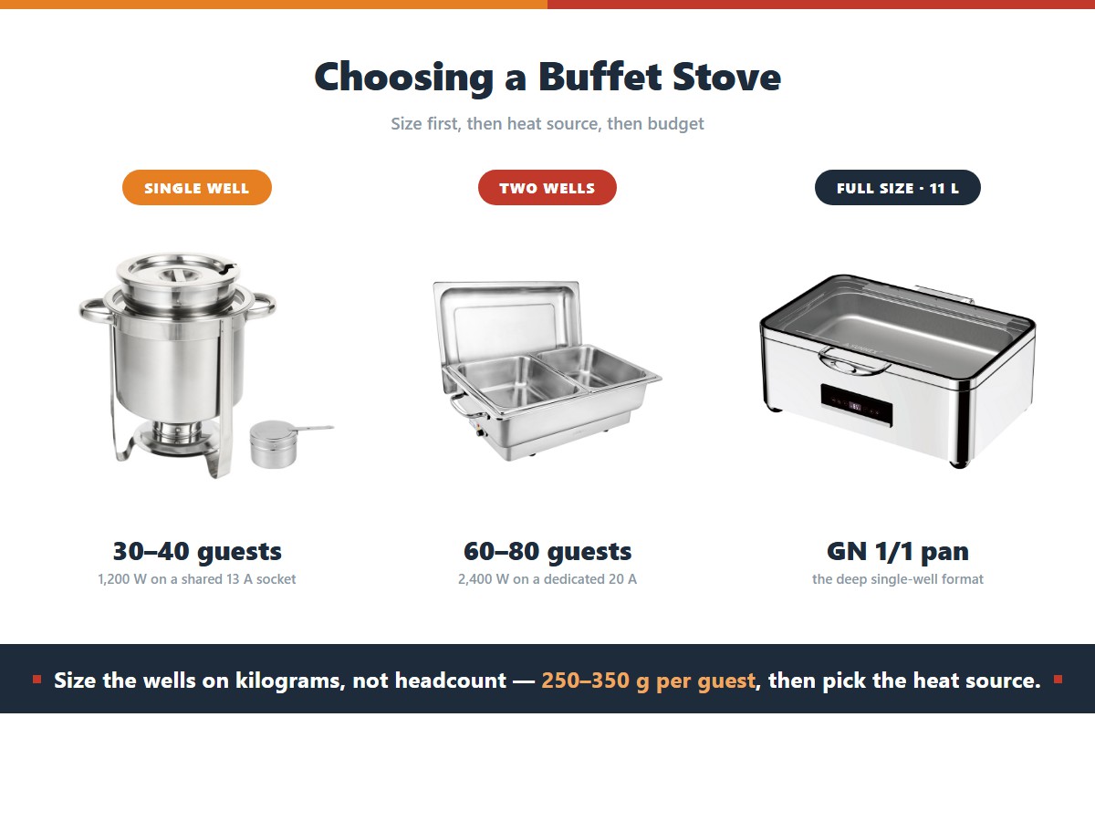 Choosing a buffet stove by unit size: a single well serves 30 to 40 guests on a shared 13 amp socket, two wells serve 60 to 80 guests on a dedicated 20 amp circuit, and a full size 11 litre GN 1/1 unit is the deep single-well format, because well count should be sized on 250 to 350 grams of food per guest rather than on headcount