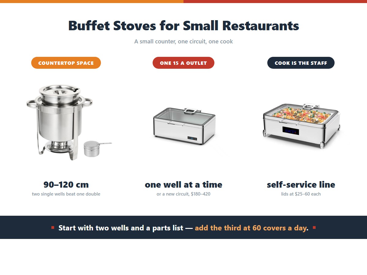 Fitting a buffet stove into a small restaurant: with 90 to 120 centimetres of countertop two single wells beat one double unit, on a single shared 15 amp outlet run one well at a time or budget 180 to 420 dollars for a new circuit, and when the cook is the only staff run a self-service line with lids at 25 to 60 dollars each