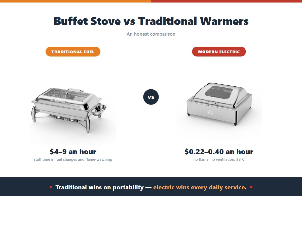 Comparing a buffet stove with traditional fuel warmers: a fuel chafing dish costs 4 to 9 dollars an hour in staff time for fuel changes and flame monitoring, while a modern electric unit costs 0.22 to 0.40 dollars an hour with no open flame, no ventilation requirement and plus or minus 3 degrees Celsius control