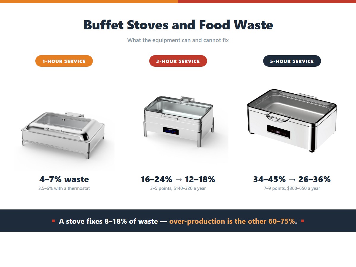 How buffet stove food waste changes with service length: a one-hour service runs 4 to 7 percent waste and 3.5 to 6 percent with a thermostat, a three-hour service runs 16 to 24 percent falling to 12 to 18 percent, and a five-hour service runs 34 to 45 percent falling to 26 to 36 percent, because a stove only fixes the share caused by food falling below 60 degrees
