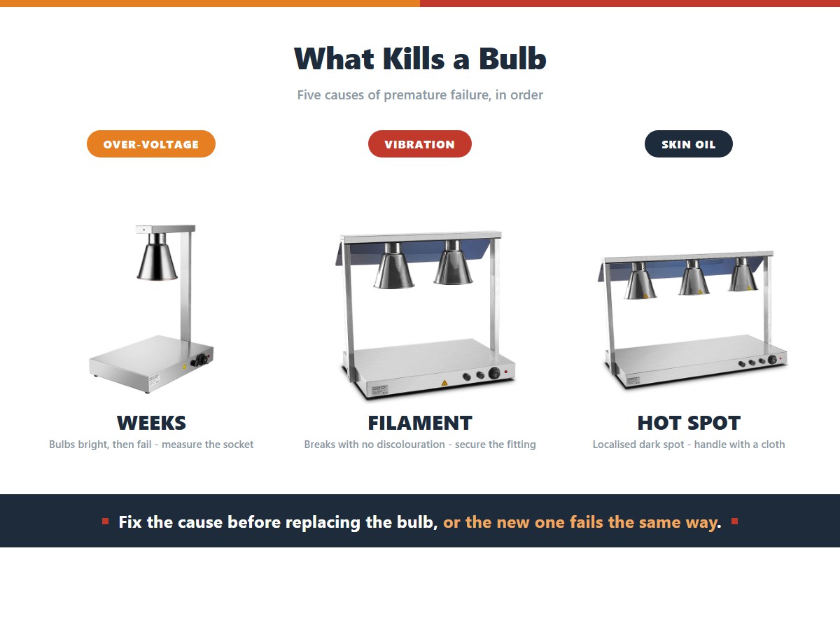 Three heat lamp bulb failure causes: over-voltage where bulbs burn bright then fail within weeks, vibration where the filament breaks with no discolouration, and skin oil on the glass creating a localised dark spot and early failure