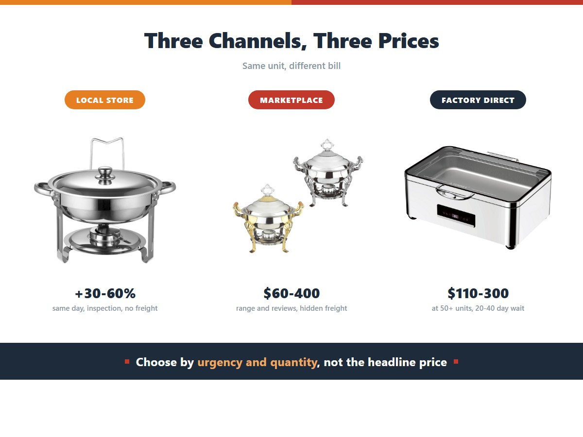 Where to buy a chafing dish: a local store charges 30 to 60 percent above factory price but delivers the same day with inspection, a marketplace runs 60 to 400 dollars in 3 to 10 days with hidden freight, and factory direct lands at 110 to 300 dollars for 50 or more units with a 20 to 40 day wait